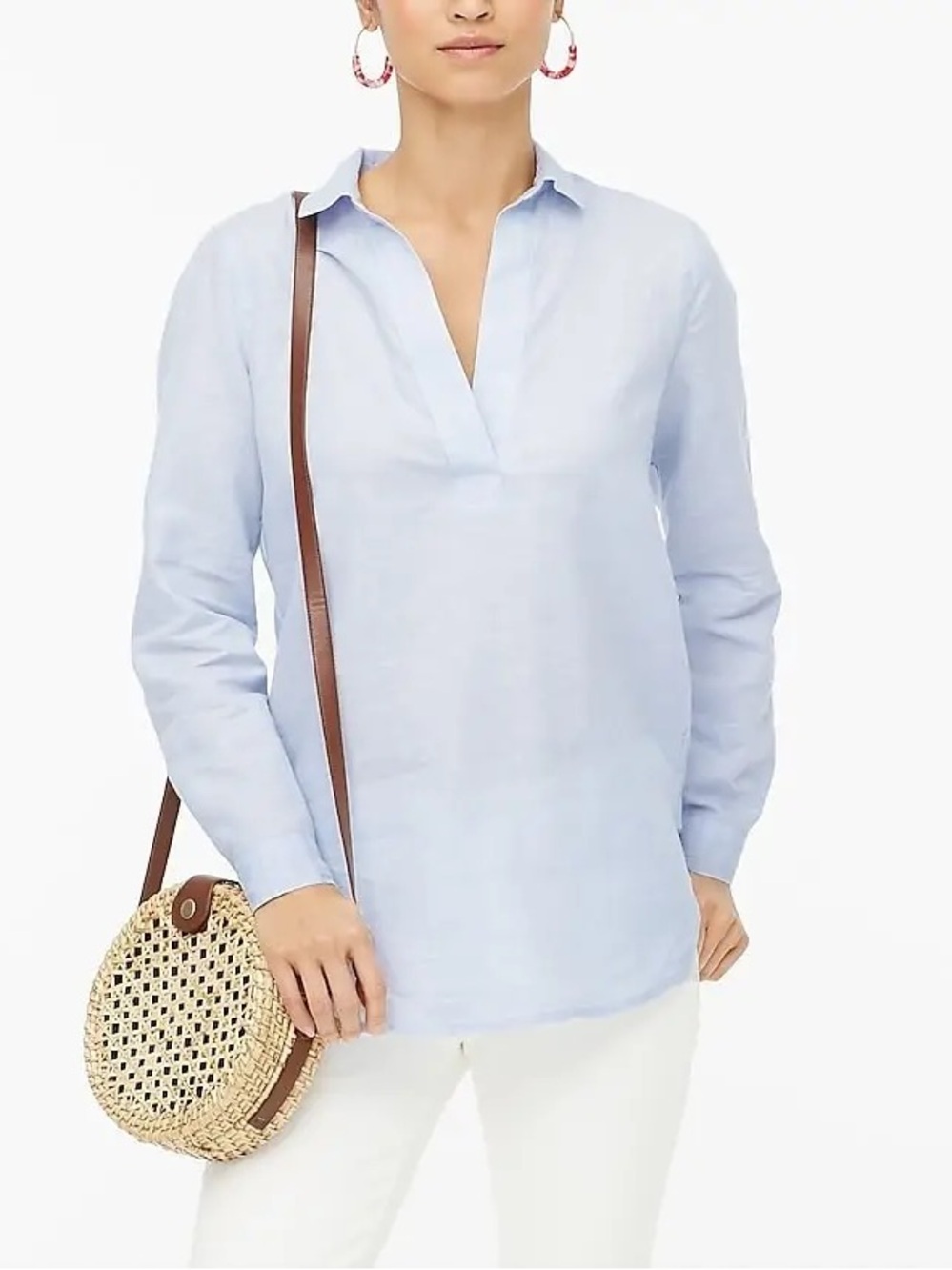 J Crew Womens Linen Blend Popover Shirt Blue Size XS Beach Preppy Classic